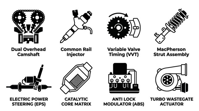 Automotive engine parts and mechanical vehicle system technical icons with automotive mechanical engineering technical components camshaft injector steering catalytic modulator actuator