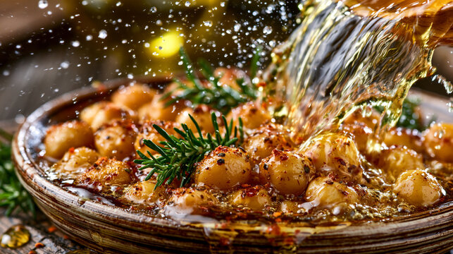 Pouring golden oil over roasted chickpeas with rosemary in a rustic dish olive oil food prepara