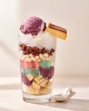 Traditional Filipino Halo-Halo Dessert in Glass Layered with Shaved Ice, Ube Ice Cream, Leche Flan, Sweet Beans, and Condensed Milk Studio Food Photography