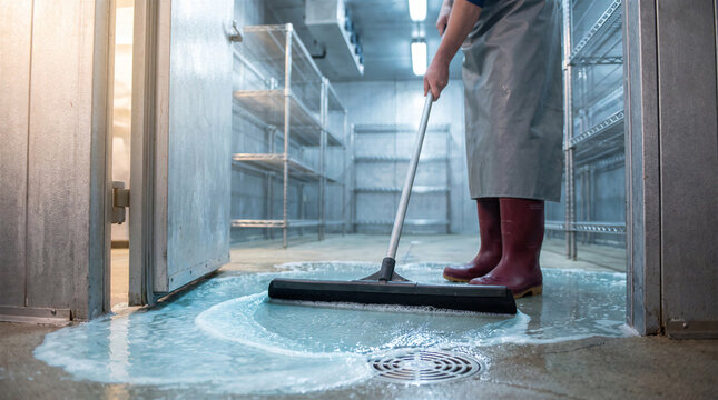 A worker in a commercial kitchen or walkin freezer using a squeegee to push soapy water towards a floor drain for cleaning