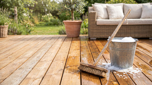 Wooden deck cleaning with a bucket of soapy water and a scrub brush on a sunny patio