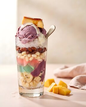 Traditional Filipino Halo-Halo Dessert in Glass Layered with Shaved Ice, Ube Ice Cream, Leche Flan, Sweet Beans, and Condensed Milk Studio Food Photography