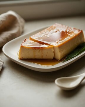 Delicious Slice of Creamy Caramel Custard Pudding Flannel Flan Dessert Drizzled with Sweet Syrup Served on Ceramic Plate Food Photography