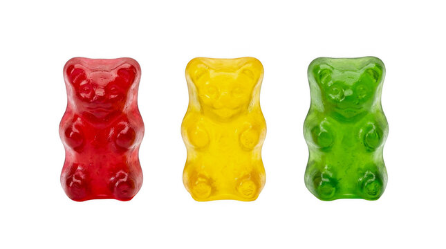 Three colorful gummy bear candies in red yellow and green colors isolated on transparent background