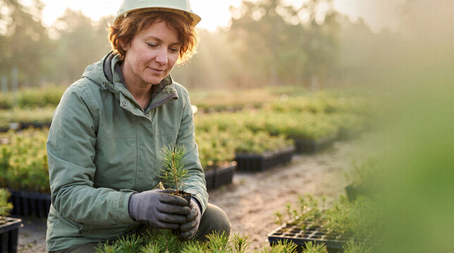 A female forest worker wearing a hard hat and gloves inspects a small pine seedling in a tree nursery at sunrise