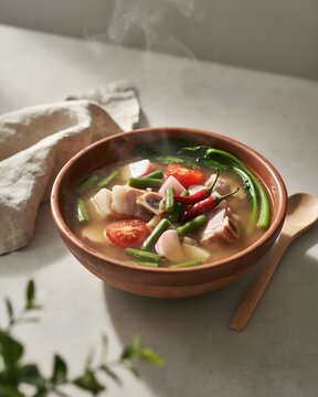 Authentic Filipino Sinigang Na Baboy Sour Pork Tamarind Soup with Sliced Radish String Beans Tomatoes Red Chili and Vegetables in Clay Bowl