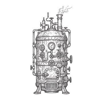 Intricate Steampunk Boiler Industrial Machine Outline Vector