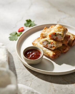 Crispy Golden Fried Lumpiang Shanghai Meat Spring Rolls Stacked on Plate Served with Sweet Chili Dipping Sauce and Fresh Herbs