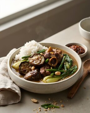 Authentic Filipino Kare-Kare Stew Served with Rice Eggplant Bok Choy Green Beans and Peanut Sauce in Ceramic Bowl Food Photography