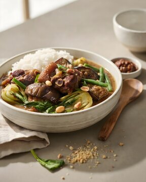 Authentic Filipino Kare-Kare Stew Served with Rice Eggplant Bok Choy Green Beans and Peanut Sauce in Ceramic Bowl Food Photography