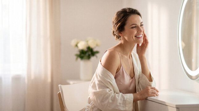 Beautiful young woman smiling while looking at her reflection in a lighted vanity mirror in a bright, cozy bedroom