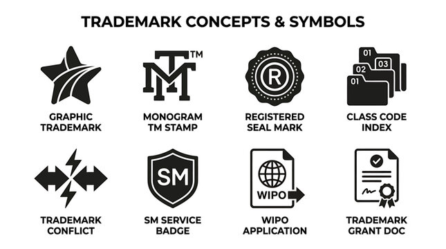 Trademark concepts and business intellectual property symbols with trademark intellectual property copyright business concepts monogram registered conflict application document protection
