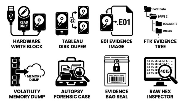 Set of eight digital forensic investigation icons illustrating data recovery procedures and computer evidence management with forensic investigation evidence recovery hardware computer analysis