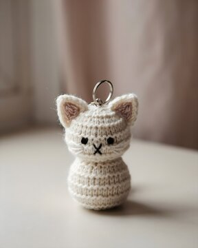 Cute Handmade Knitted White Cat Plush Keychain Accessory with Embroidered Whiskers and Metal Keyring Neutral Studio Product Photography