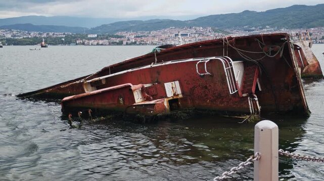Abandoned Rusty Red Fishing Boat in Izmit Bay