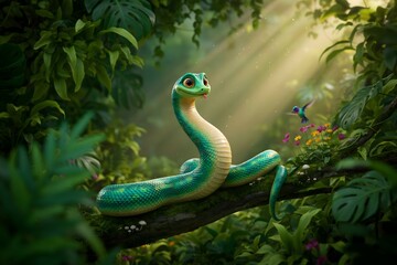Fototapeta premium Cute 3D Rendered Friendly Green Snake Coiled on Mossy Tree Branch in Lush Tropical Rainforest Jungle Environment