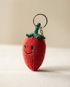 Cute Handmade Knitted Red Strawberry Keychain Accessory with Green Stem and Embroidered Smiley Face Studio Product Photography