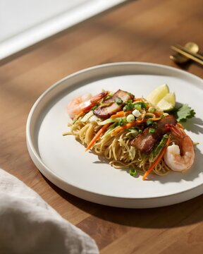 Traditional Filipino Pancit Canton Stir Fried Noodles Topped with Crispy Pork Belly Slices Fresh Shrimps Julienne Carrots Cabbage and Lime Wedges