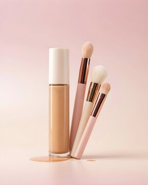 Liquid Foundation Glass Bottle Mockup set with Soft Makeup Brushes on Pastel Pink Background Cosmetic Product Photography