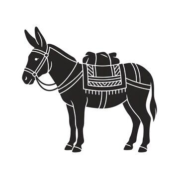 Black silhouette of pack donkey carrying heavy saddle blanket and cargo bags in traditional marching style