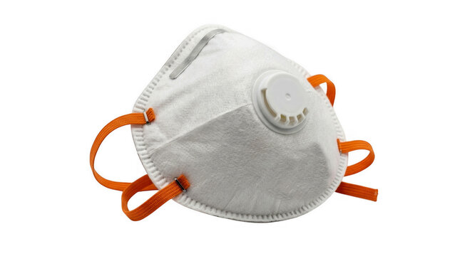 White safety face mask with orange straps and breathing valve isolated on transparent background