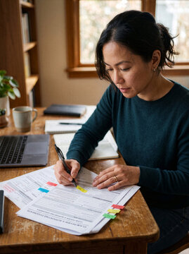 Woman reviewing insurance claim paperwork and marking missing information at home office desk.