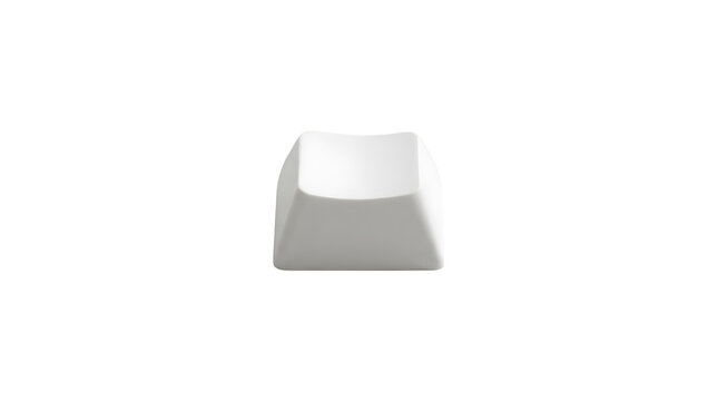 A close-up studio shot of a single blank white mechanical computer keyboard keycap, featuring a concave top surface and tapered sides, isolated centrally against a clean solid white background