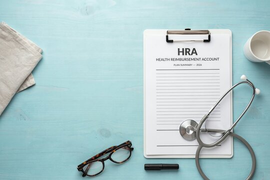 An HRA form with a stethoscope and glasses on a blue wooden desk.