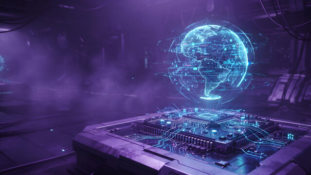 Digital technology concept featuring a glowing holographic globe and a computer processor chip in a dark, smoky, purple-toned industrial environment