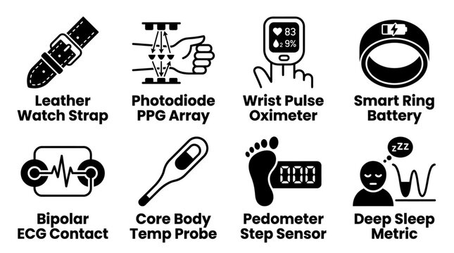 Set of black and white wearable technology and health monitoring icons featuring leather watch strap photodiode ppg array wrist pulse oximeter smart ring battery bipolar ecg contact core body temp