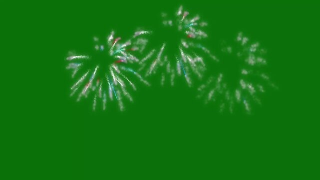 Colorful fireworks explosion on green screen background, Blue and white firework bursts exploding, quality firework explosions isolated.