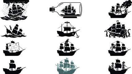 Twelve black silhouette of pirate ships and sailing vessels in various conditions like stormy, burning, and with treasure maps on white © MstChamali