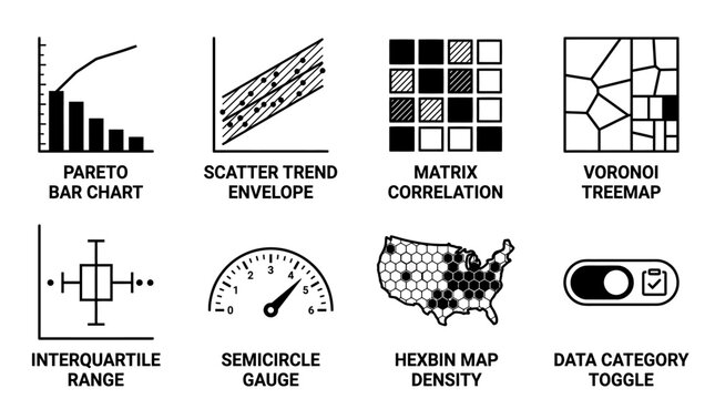Set of eight data visualization and statistical analysis icons in minimalist black and white with visualization analysis statistics information correlation business intelligence research