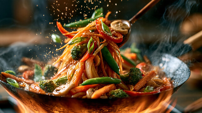 Vegetables stir fried in a flaming wok with steam rising stir fry hot wok saut ed vegetables