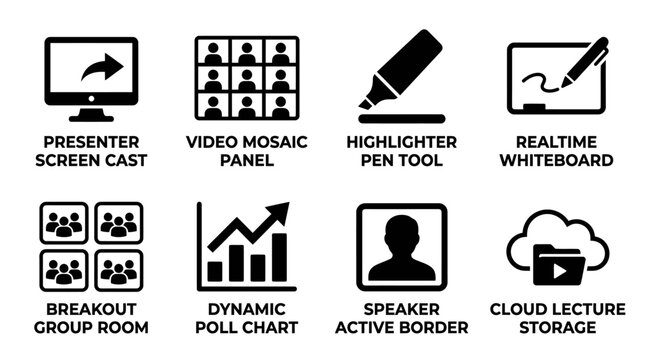 Set of virtual meeting and online collaboration software feature icons with collaboration whiteboard presenter conference software communication business presentation classroom education