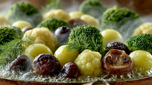 Assorted fresh vegetables steaming in a pan with steamed vegetables culinary art vegetarian foo