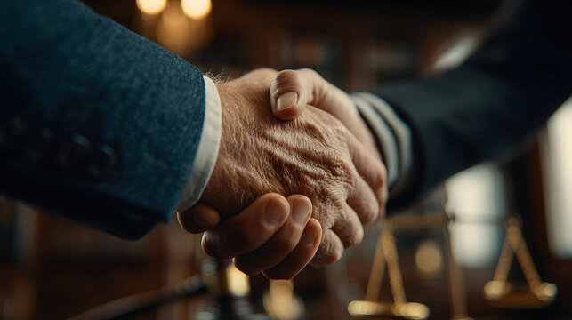 Lawyers shaking hands after reaching a legal agreement with scales of justice and gavel symbolizing fairness and resolution in a professional setting