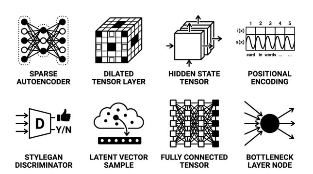 Technical neural network and machine learning architecture icons set in black and white with learning artificial intelligence algorithm autoencoder positional encoding stylegan discriminator