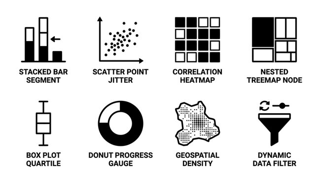 Data visualization and statistical analysis chart type icons with visualization analysis statistics plotting dashboard information geospatial quartile progress correlation reporting