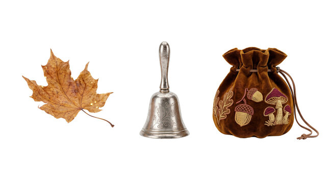 Autumn collection with maple leaves, acorns, and decorated vintage bells isolated on transparent background
