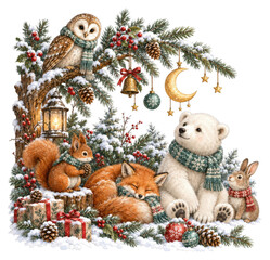 Fototapeta premium PNG winter woodland animals, festive decorations, transparent background