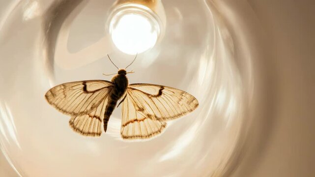 Moth fluttering around glowing light bulb inside lamp fixture. Nocturnal insect attracted to bright indoor illumination