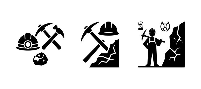 Mining industry icons featuring pickaxes safety helmets and a miner safety helmet hard hat coal mine manual labor graphic set vector icon black and white design element