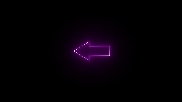 Neon purple left arrow sign glowing on black background, minimalist directional pointer animation for ui and digital
