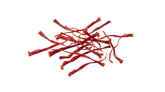 Saffron threads close up, premium organic red saffron spice, dried crocus sativus stigmas for culinary cooking isolated PNG with Transparent Background