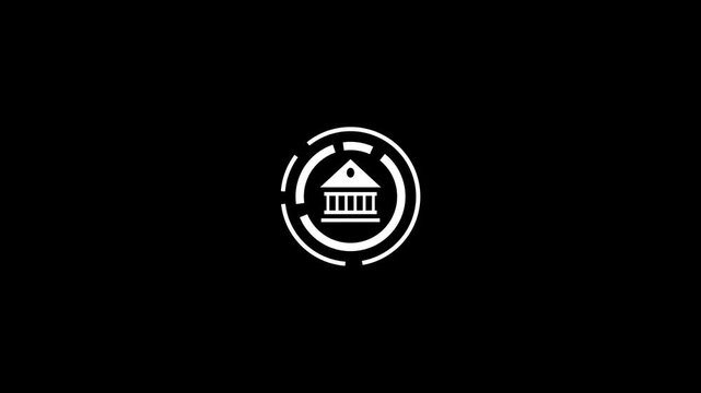 Animated bank building icon with rotating circular loading hud interface banking finance financial