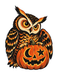 Naklejka na ściany i meble Vintage Halloween owl clutching jack-o'-lantern, PNG, transparent background
