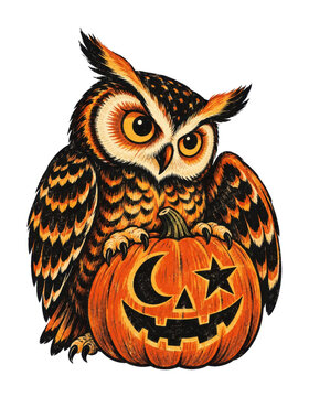 Vintage Halloween owl clutching jack-o'-lantern, PNG, transparent background