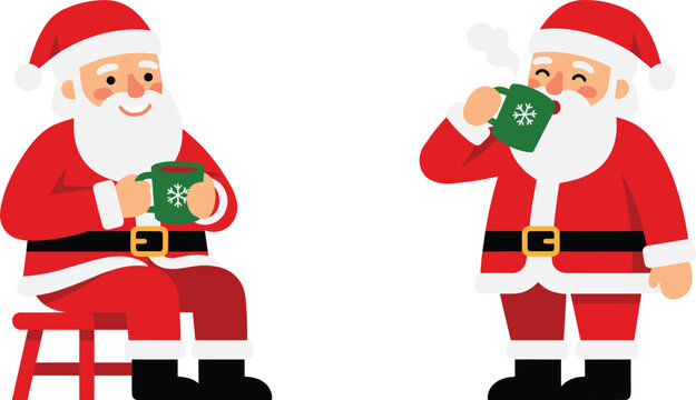 Santa Claus drinking hot beverage, flat cartoon style vector illustration with festive elements for holiday designs