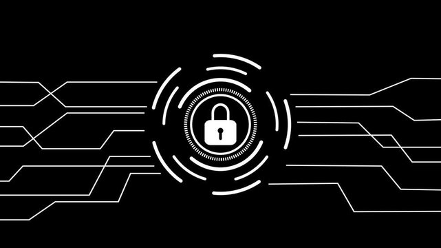 Digital cybersecurity concept with glowing padlock icon and data network lines on black background, data protection